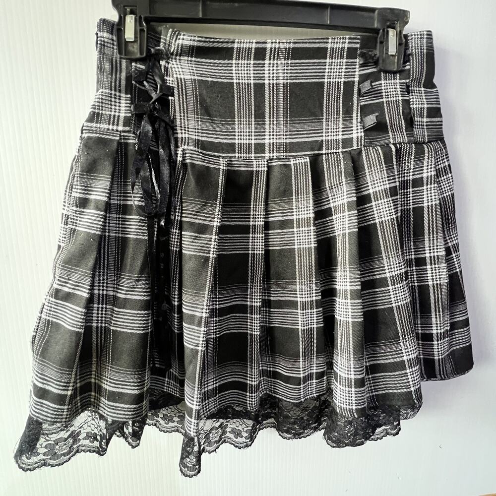 Plaid black mini skirt lace School Girl preppy color grunge goth Medium